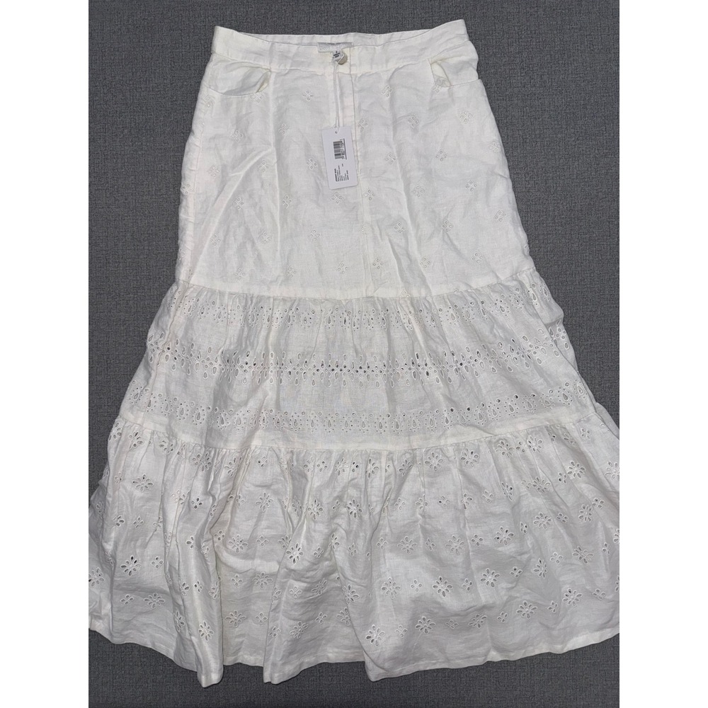Johnny Was Jade Cielito Tiered Skirt Nieves White Linen Eyelet Maxi Boho Small S